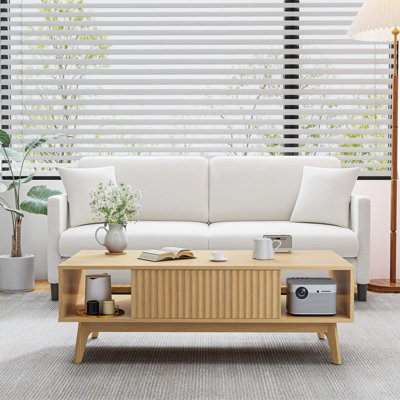 Coffee Table with Storage, Dining Table with Push-to-open Cabinet Doors and Solid Wood Legs, Oak