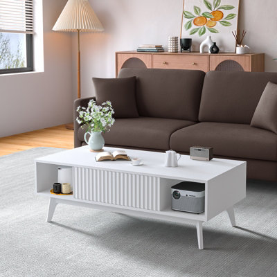 Coffee Table with Storage, Dining Table with Push-to-open Cabinet Doors and Solid Wood Legs, White
