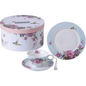 Coffee Tea Cup and Saucer 7.5" Dessert Plate Set 3 Shabby Chic Vintage Porcelain Bird Butterfly Floral Gift Box (Blue)
