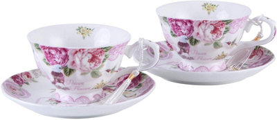 Coffee Tea Cup and Saucer Set 2 Shabby Chic Vintage Flora Porcelain Set Gift Box (Pink Bird Rose)