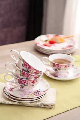 Coffee Tea Cup and Saucer Set 2 Shabby Chic Vintage Flora Porcelain Set Gift Box (Pink Bird Rose)
