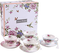 Coffee Tea cup and Saucer set 4 Shabby Chic Vintage porcelain Bird Butterfly Flora Gift Box (1 set of 4)