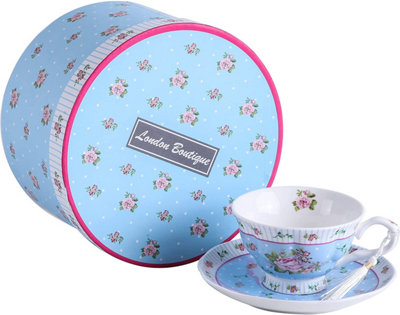 Coffee Tea cups and Saucers set of 2 Vintage Flora Rose Lavender Porcelain Gift Box (Rose Blue 1pc Set)