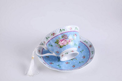 Coffee Tea cups and Saucers set of 2 Vintage Flora Rose Lavender Porcelain Gift Box (Rose Blue 1pc Set)