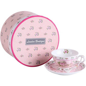 Coffee Tea cups and Saucers set of 2 Vintage Flora Rose Lavender Porcelain Gift Box (Rose Pink 1pc Set)