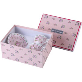 Coffee Tea cups and Saucers set of 2 Vintage Flora Rose Lavender Porcelain Gift Box (Rose Pink 2pc Set)