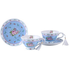 Coffee Tea Cups and Saucers Set of 2 Vintage Flower Flora Rose Lavender Gift Box
