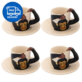 Coffee Tea Cups and Saucers Set of 4 Monkey Mug by Laeto House & Home - INCLUDING FREE DELIVERY