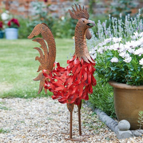 Colin Cockerel Metal Garden Ornament - Hand Crafted Freestanding Weather-Resistant Colourful Outdoor Decoration - Measures H54cm