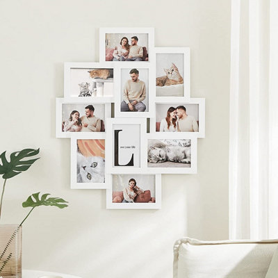 Fabulaxe QI004490.WT Decorative Modern Wall Mounted Collage Picture Holder Multi Photo Frame for 6 Pictures Love Text Design, White