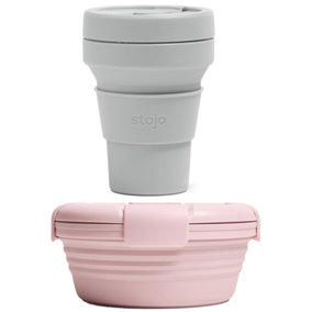 Collapsible Pocket Silicone Travel Cup 355ml & Bowl 1.1L Set Grey/Pink