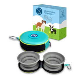 Collapsible Twin Pet Dog Bowl Travel Set, Foldable, Clip-on, Water, Food, Carry Case