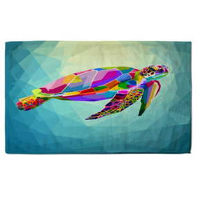 colorful turtle floating underwater in the geometric blue water ocean (Bath Towel) / Default Title