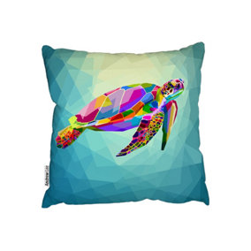 Colorful Turtle Floating Underwater In The Geometric Blue Water Ocean (Cushion) / 60cm x 60cm