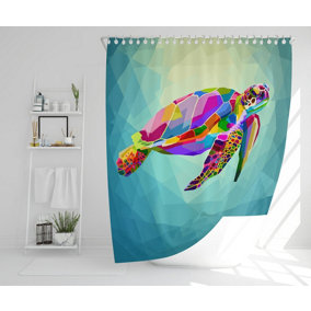 colorful turtle floating underwater in the geometric blue water ocean (Shower Curtain) / Default Title