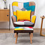 Colorful Wing Back Armchair and Footstool Set,Patchwork Linen Upholstered Accent Chair Sofa Chair with Ottoman and Pillow