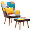 Colorful Wing Back Armchair and Footstool Set,Patchwork Linen Upholstered Accent Chair Sofa Chair with Ottoman and Pillow