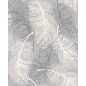 Coloroll Feather Silver Glitter Grey & White Wallpaper M0923