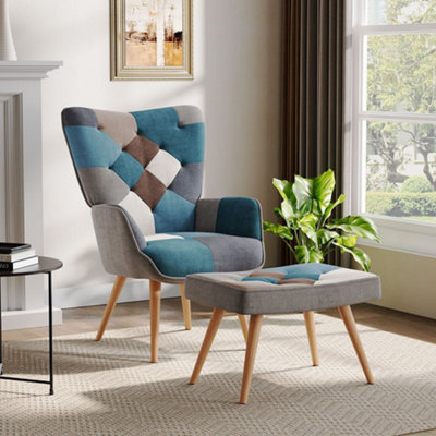Colour Block Upholstered Armchair with Wooden Legs and Footstool