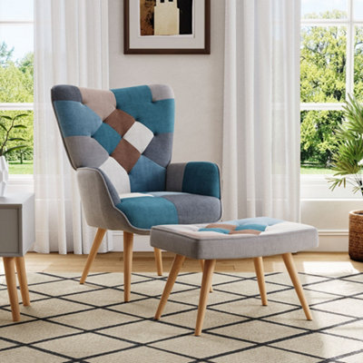 Colour Block Upholstered Armchair with Wooden Legs and Footstool