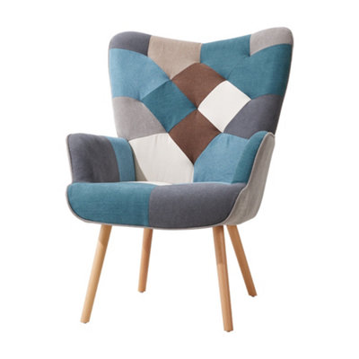 Colour Block Upholstered Armchair with Wooden Legs and Footstool