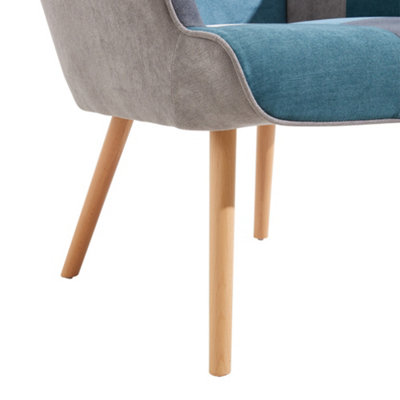Colour Block Upholstered Armchair with Wooden Legs and Footstool