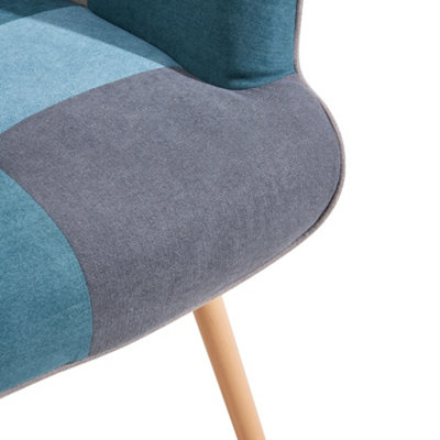 Colour Block Upholstered Armchair with Wooden Legs and Footstool