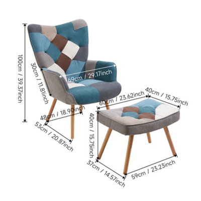 Colour Block Upholstered Armchair with Wooden Legs and Footstool