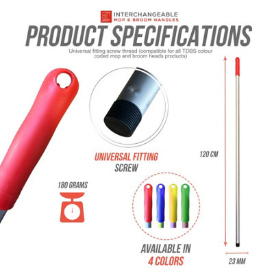 Colour-Coded Aluminium Mop & Broom Handle 120cm Universal Screw Fit - Red