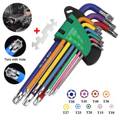 Colour Coded Torx Security Key Set (T10-T50) - Long Arm & Holder
