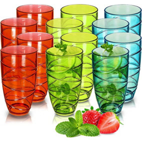 Coloured Acrylic Drink Hi Ball Cups, Drink Glasses (12 Pack) Coloured Plastic Tumblers (8cm x 15cm / 550ml)