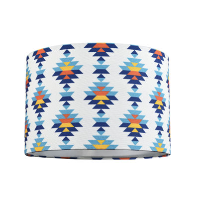 Colourful Boho Geometric 12 Inch Drum Lamp Shade in White with Blues and Oranges