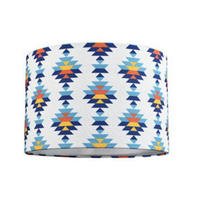 Colourful Boho Geometric 12 Inch Drum Lamp Shade in White with Blues and Oranges