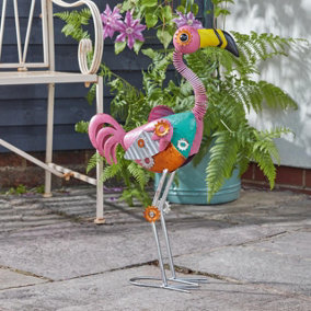 Colourful Flamingo Ornament - Handmade Painted Metal Outdoor Garden Sculpture Decoration - Measures H52 x W36 x D12cm