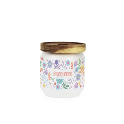 Colourful Flowers Small Glass Sweetener Storage Jar - Watercolour Floral Kitchen Food Canister/Container 450ml (10.5cm x 9cm)