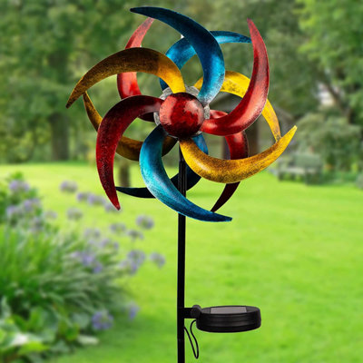 Colourful Solar Windmill - Staked Garden Wind Spinner with Multicolour Vanes & Light Up Crackle Glass Ball - H92 x W23 x D12.5cm