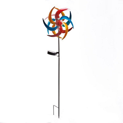 Colourful Solar Windmill - Staked Garden Wind Spinner with Multicolour Vanes & Light Up Crackle Glass Ball - H92 x W23 x D12.5cm