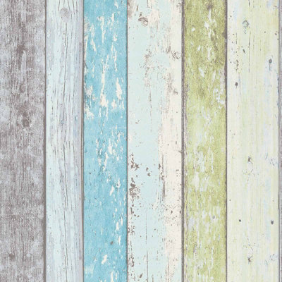 Colourful Vintage Panel Effect Wallpaper In Green, Blue, White, Spongeable Removable Non-Woven Wood Wallpaper