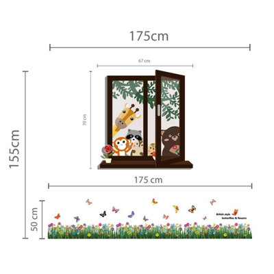 Colourful Window with Animals and Butterfly Grass 3D Butterflies Stock Clearance Wall Decor Art