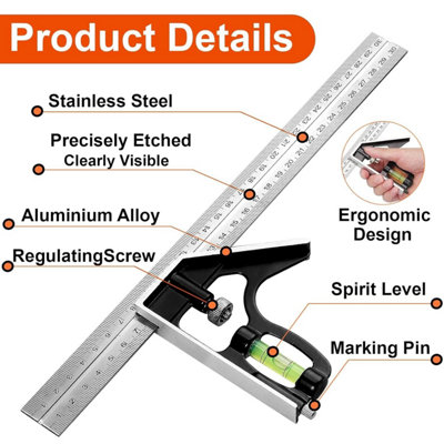 Combination Square Set – 7” Carpenter Square & 12” Stainless Steel Angle Ruler For Woodworking Measurement