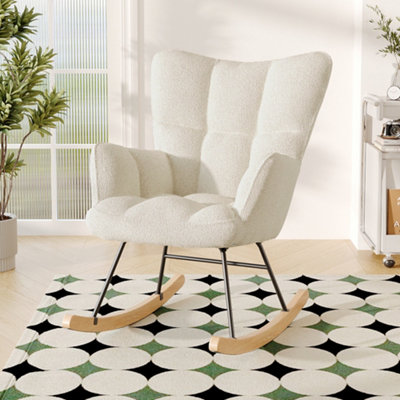 Comfortable Cream Tufted Upholstered Teddy Rocking Chair for Study Living Room