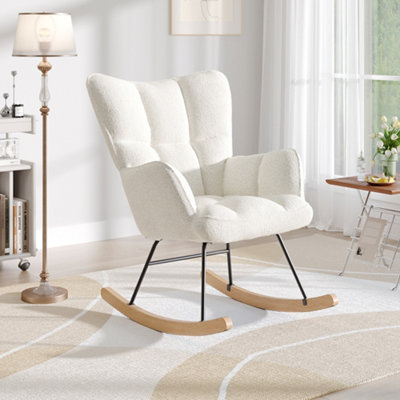 Comfortable Cream Tufted Upholstered Teddy Rocking Chair for Study Living Room