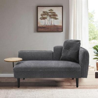Comfortable Grey Linen Chaise Lounge with Pillow Small Wooden Table and Black Oak Legs