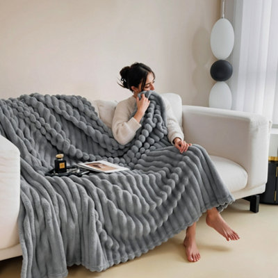 Comfortable Soft Warm Fluffy Striped Throw Blanket 230cm W x 200cm D