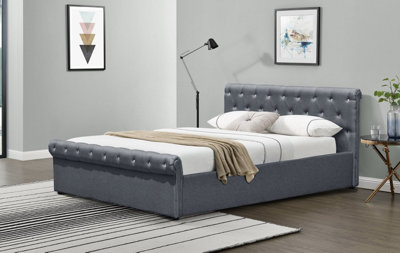 Comfy Living 3ft Celia Linen Fabric Diamante Sleigh Bed in Grey