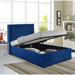 Comfy Living 3ft Winged Plush Velvet Ottoman Gas Lift Storage Bed In Blue