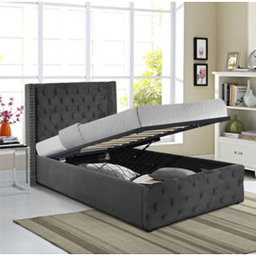 Comfy Living 3ft Winged Plush Velvet Ottoman Gas Lift Storage Bed In Dark Grey