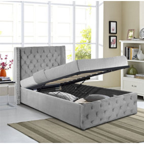 Comfy Living 3ft Winged Plush Velvet Ottoman Gas Lift Storage Bed In Light Grey