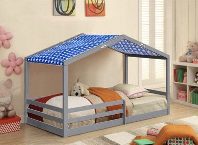 Comfy Living 3ft Wooden House Bed Grey With Blue Tent