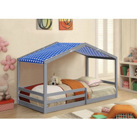 Comfy Living 3ft Wooden House Bed Grey With Blue Tent